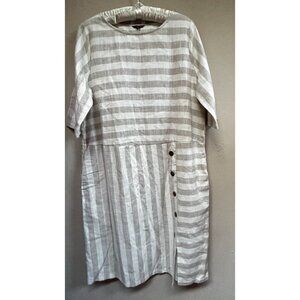 Floryday White Beige Striped Button-Detail Lagenlook Dress Size XL Elbow Sleeve